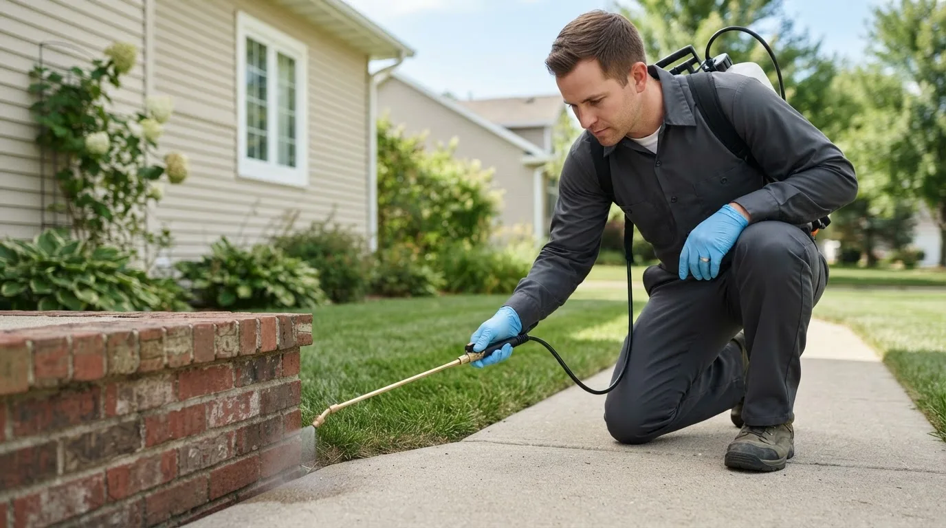 Pest control technician treating a home near Birdseye, IN
