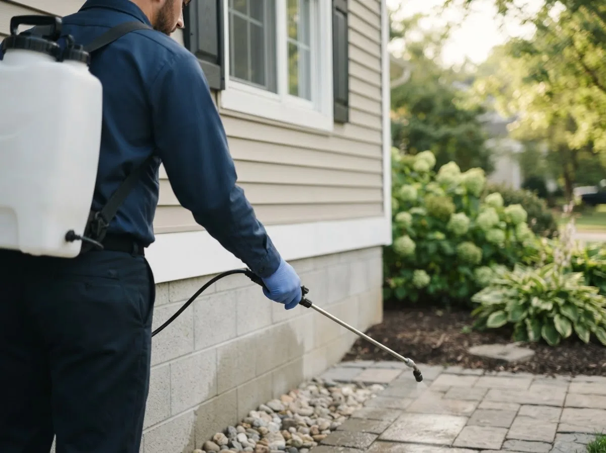 Pest control technician inspecting a home in Birdseye, IN